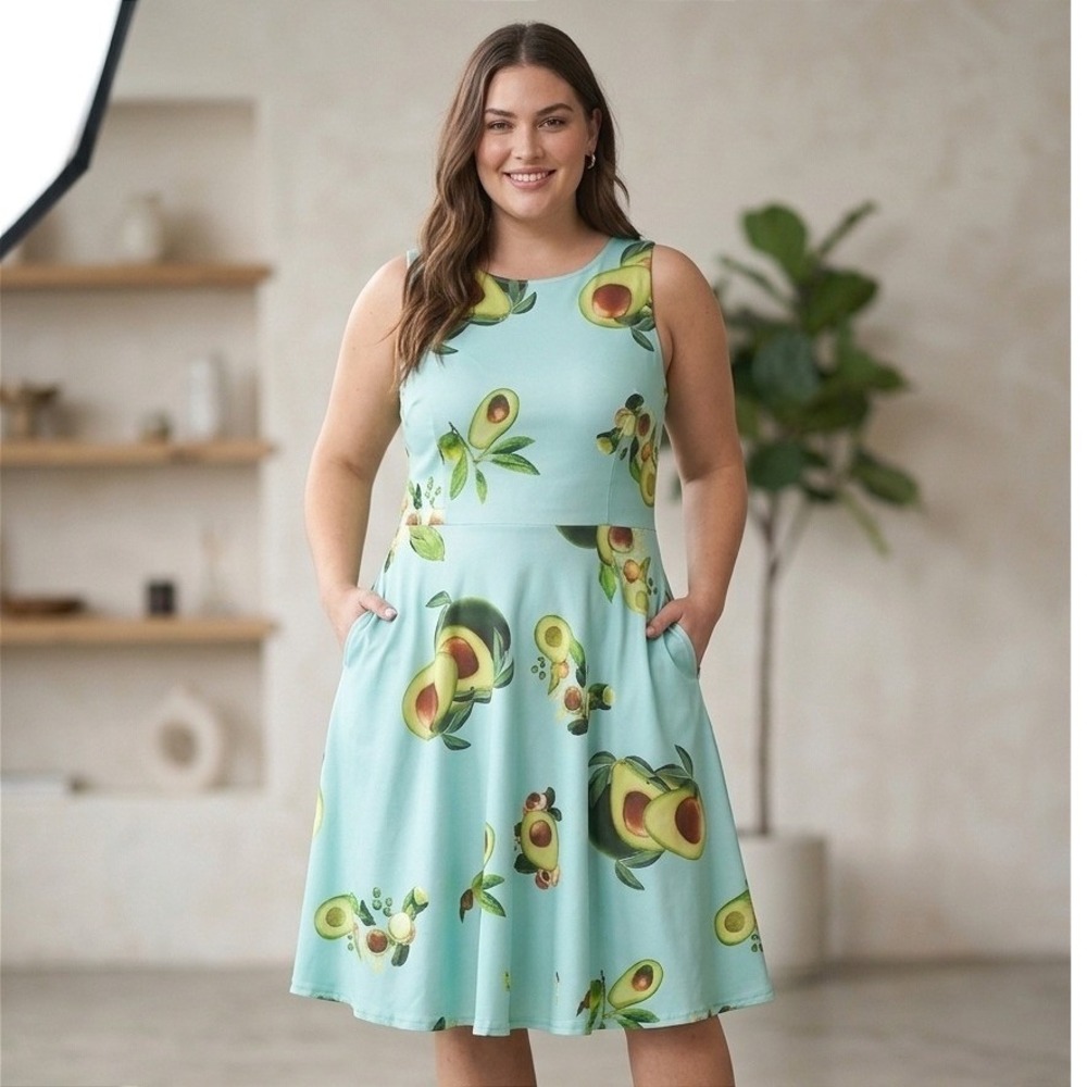 Avocado Lover Pin Up Swing Dress Retro Mint Green Stretchy XL